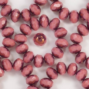 8mm Opaque Rose Pink with Gold Bronze Fire Polish Rondelle Czech Glass Beads - 12