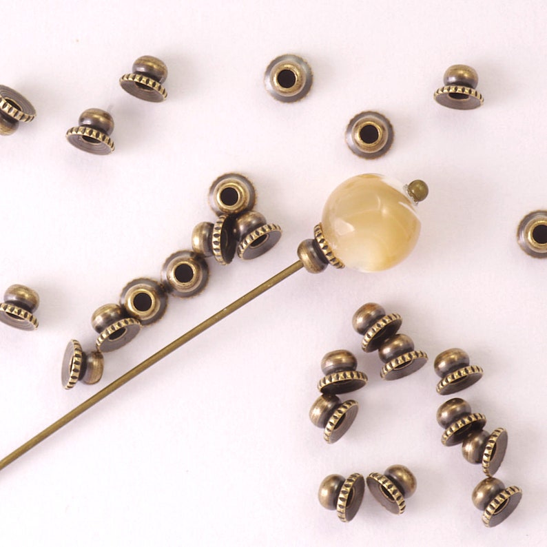 4mm Solid Antiqued Brass Simple Bead Caps Serrated Edges with Built In Spacer Choose Quantity image 1