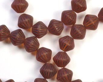 11mm Frosted Dark Topaz Large Bicone with a Brown Picasso Finish Czech Glass Beads - 8 Pieces