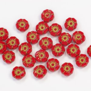 7mm Tiny Hibiscus Flowers Opaque Bright Red Gold Bronze Czech Glass Beads - 12