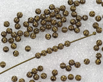3mm Seamless Solid Antiqued Brass Corrugated Round Beads - 100