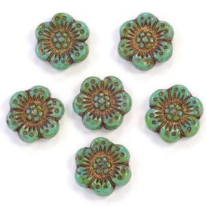 14mm Green Turquoise Dark Bronze and Picasso Wild Rose Czech Glass Beads - 6 Pieces