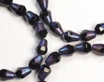 Black with Blue Iris Bottom Cut Faceted Teardrop Czech Glass Beads 8x6mm - 15