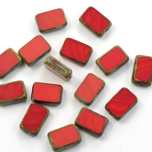 8x12mm Opaque Red with Brown Picasso Table Cut Rectangle Czech Glass Beads - 15