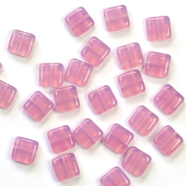 9mm Pink Opaline Square Czech Glass Tile Beads - 25