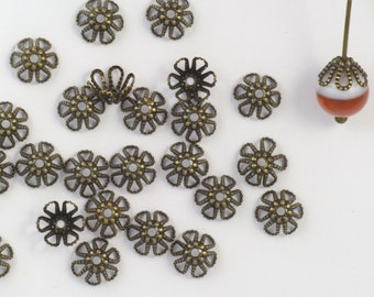 7mm Solid Antiqued  Brass Filigree Flower Bead Caps - 50