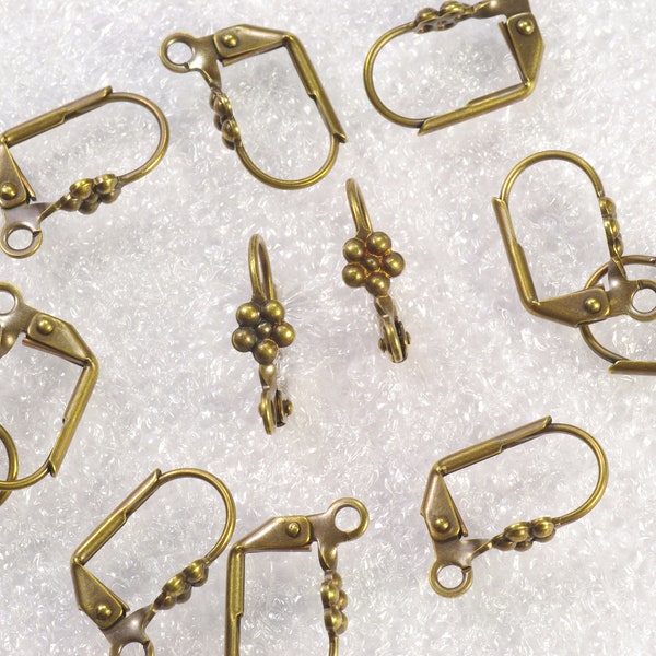 16mm Leverback Earwires with Flower Embellishment Antiqued Solid Brass - 12 pieces