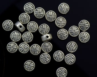 6mm Tablet Beads Antiqued Silver Plated Pewter Detailed Cross-Like Design - 25