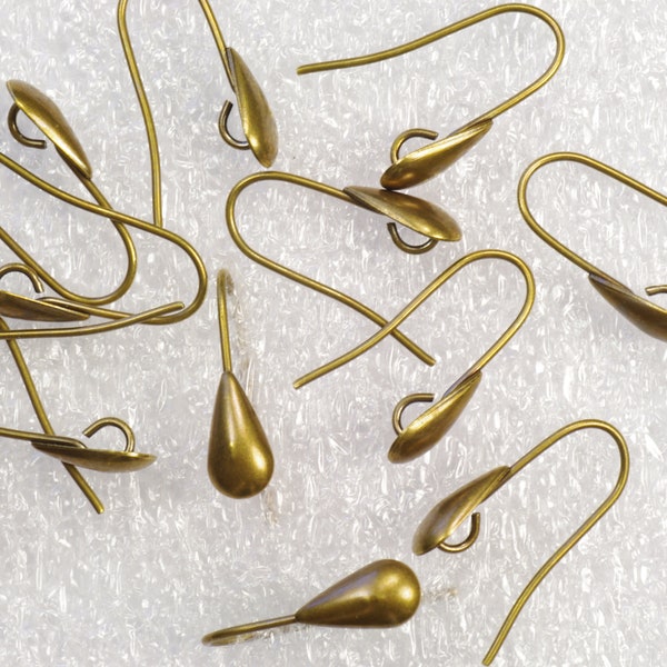 Solid Brass Fish Hook Ear Wires Antiqued Solid Brass Teardrop Design 17mm - 12 Pieces