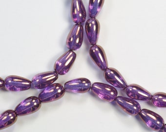 Perles en verre tchèque, bronze améthyste violet lustré, 10 x 6 mm, trou vertical en forme de larme pressée - 25
