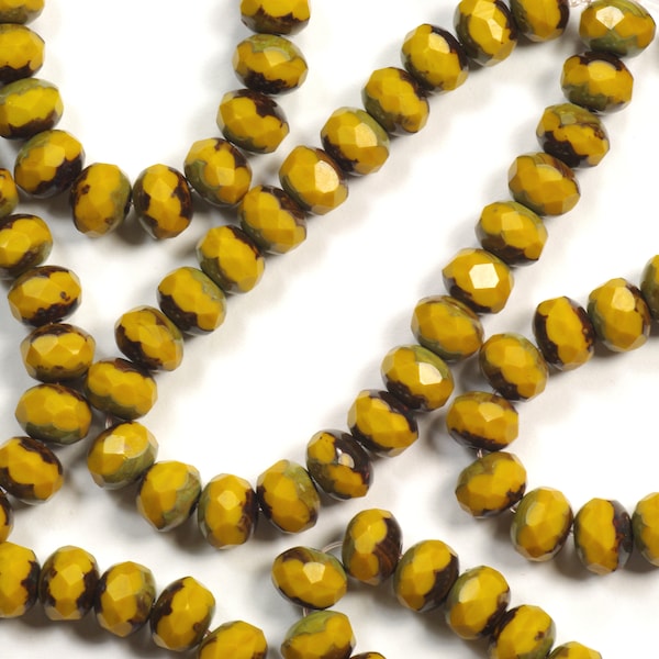 5x7mm Opaque Mustard Yellow Picasso Rondelles Fire Polish Czech Glass Beads - 25