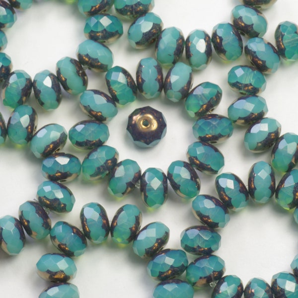 8mm Teal Opaline and Bronze Czech Glass Rondelle Beads - 12