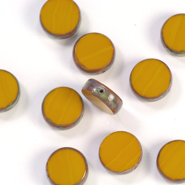 11mm Opaque Mustard Yellow Picasso Window Coin Czech Glass Beads