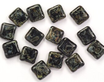 9mm-10mm Jet Black Picasso One Hole Tile Czech Glass Beads - 15