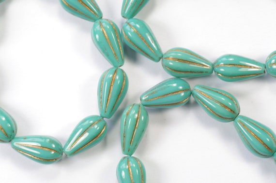 Opaque Turquoise Melon Teardrop Bronze Wash Czech Glass Beads