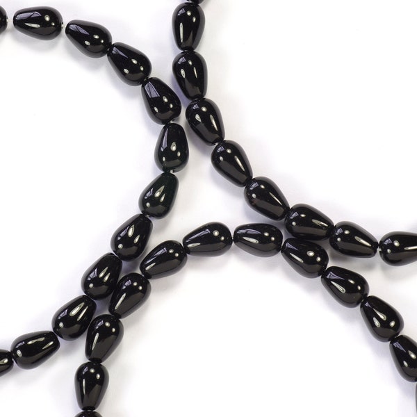 9x6mm Jet Black Teardrop Vertical Hole Czech Glass Beads - 25