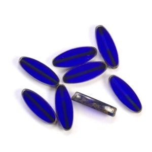 16mm Cobalt Blue Spindle Czech Glass Beads with Picasso Finish - 8 Pieces