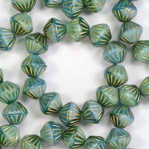 9mm Bicone Blue Green Mix with Bronze Wash Czech Glass Beads - 12 Pieces