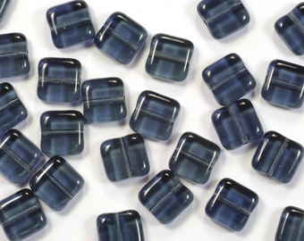 9mm Montana Blue Czech Glass Square Tile Beads - 25