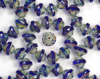 Deep Blue Picasso Faceted Saturn Beads 8x10mm - 10