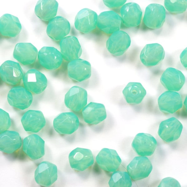 6mm Aqua Opaline Fire Polish Czech Glass Beads - 25