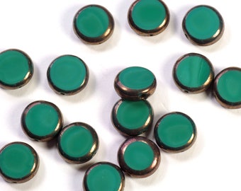 11mm Teal Turquoise Green Bronze Coin Window Czech Glass Beads