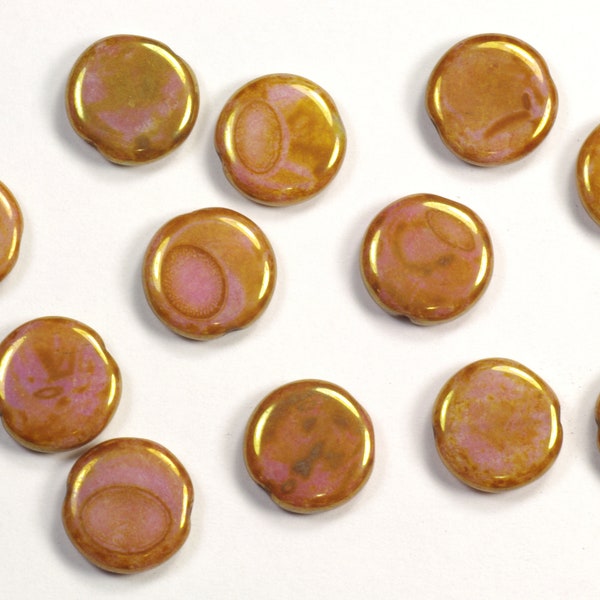 12mm Pink Rose Gold Topaz Picasso Czech Glass Coin Beads - 12