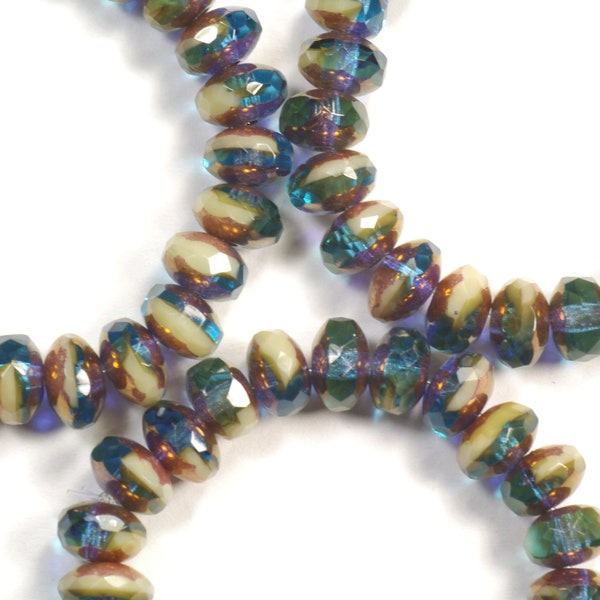 4x7mm Aqua Blue and Opaque Ivory with Bronze Multi Color Fire Polish Czech Glass Donut Rondelle Beads - 25