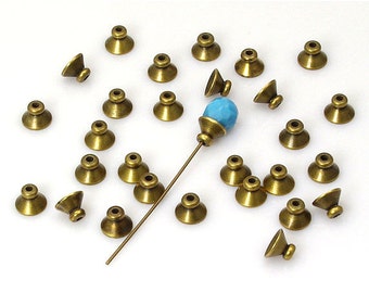 7mm Cone Bead Caps with Built In Spacer Solid Antiqued Brass - 12