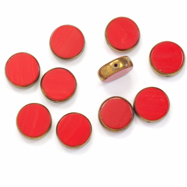 12mm Opaque Red with Bronze Table Cut Coin Czech Glass Beads