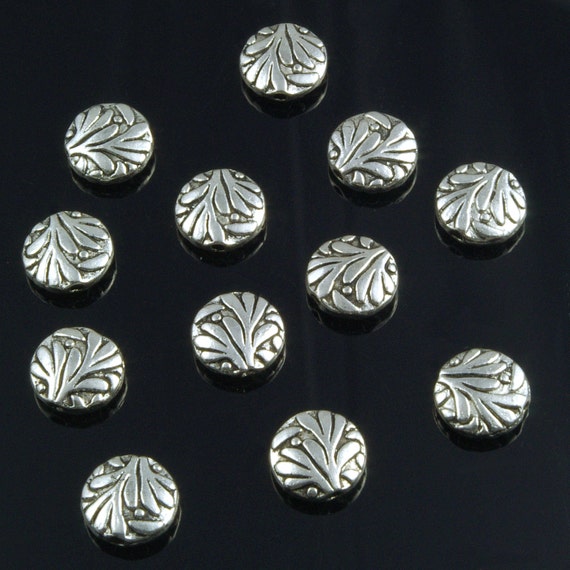Flat Round 10mm Beads Leaves Design Silver Plated Pewter - 10