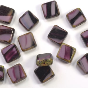 11mm Dark Purple Amethyst Bicolor Picasso Square Czech Glass Beads - 15