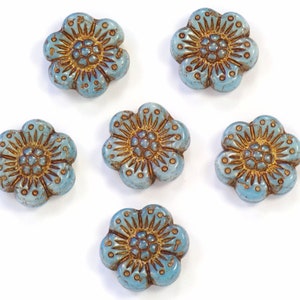 14mm Satiny Dusty Blue Dark Bronze Wild Rose Czech Glass Beads - 6 Pieces