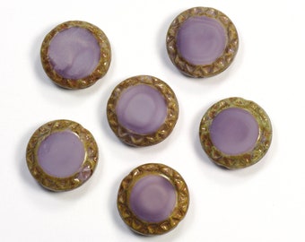 15mm Satiny Purple with Brown Picasso Mayan Sun Coin Czech Glass Beads - 6 Pieces