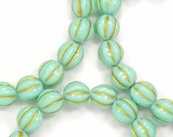 8mm Opaque Mint Green Melon Gold Wash Czech Glass Beads - 20