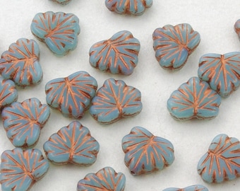 Blue-Gray Opaline Maple Leaf Beads with Copper Bronze Czech Glass 13mm - 10