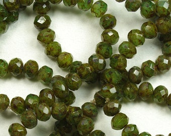 Faceted Green Picasso Czech Glass Donut Rondelles 5x7mm - 25