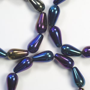 15mm Blue and Purple Iris Pressed Teardrop Vertical Hole Czech Glass Beads - 10