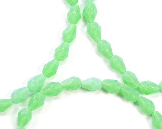 7x5mm Light Jade Green Opaline Fire Polish Faceted Czech Glass Teardrop  Beads 25