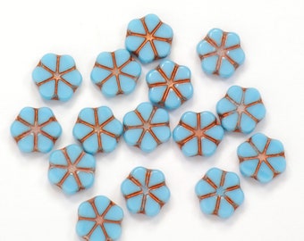 10mm Forget Me Not Flower Opaque Blue Copper Bronze Czech Glass Beads - 10 Pieces