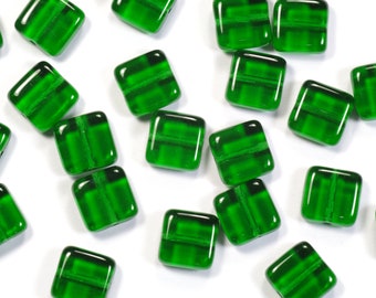 9mm Emerald Green Czech Glass Square Tile Beads - 25