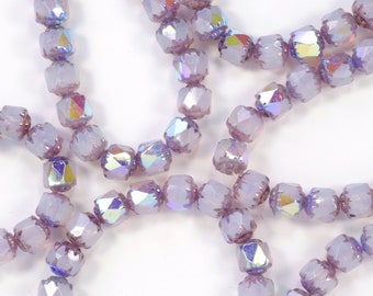 6mm Cathedral Pale Lavender Opaline AB with Purple Bronze Endcaps Czech Glass Beads - 20