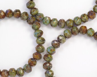 5x7mm Green Brown Turquoise Rondelles Czech Glass Beads with Heavy All Over Picasso Finish - 25