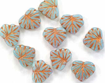 Blue-Gray Opaline Maple Leaf Beads with Copper Bronze Czech Glass 13mm - 10