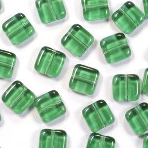 9mm Erinite Green Flat Square Czech Glass Tile Beads - 25
