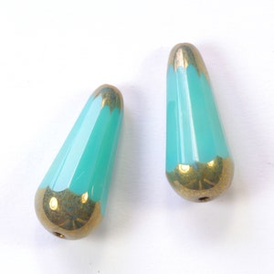 Large Opaque Turquoise Bronze Faceted Teardrop Czech Glass Beads 20mm Vertical Hole - 2 Pieces