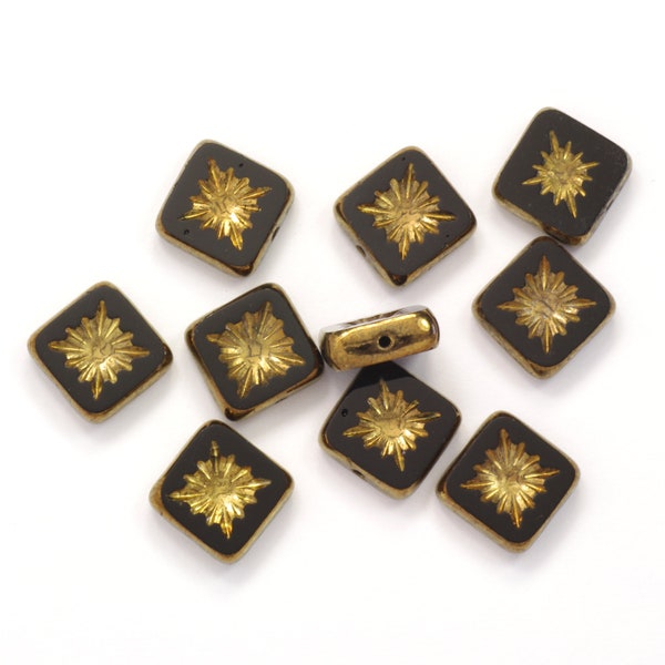 11mm Jet Black with Bronze Square with Starburst Center Czech Glass Beads - 10 Pieces