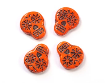 Sugar Skulls Bright Orange with Black Wash Czech Glass Beads 20mm - 4