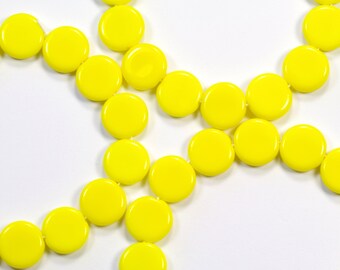 10mm Bright Opaque Lemon Yellow Pressed Coin Czech Glass Beads - 15