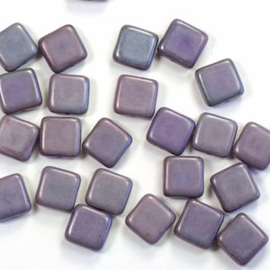 8mm Opaque Matte Purple Luster Flat Square Czech Glass Single Hole Tile Beads - 25